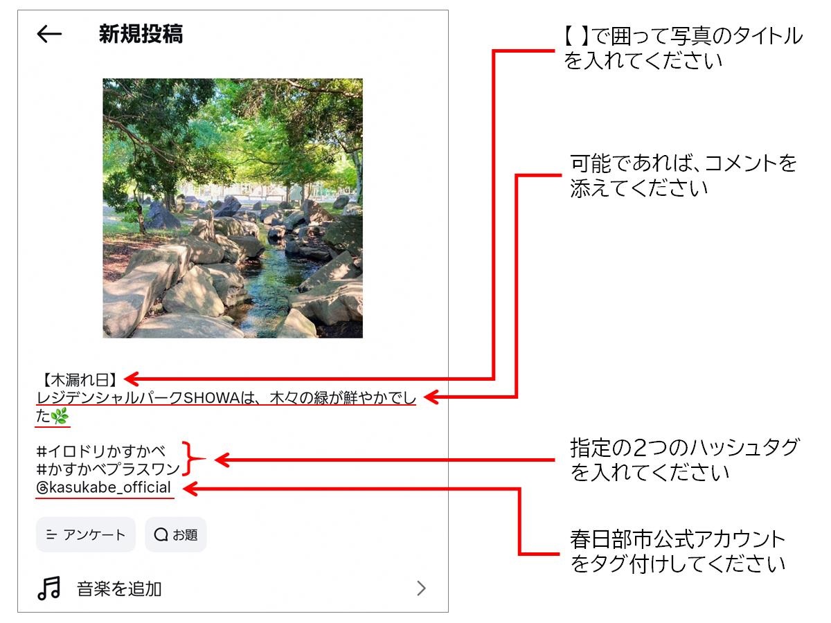 インスタグラムでの投稿例を説明した画像。左側に投稿作成画面があり、木漏れ日の写真が表示されている。右側には、投稿する際の注意事項が書かれている。