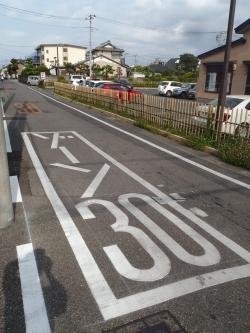 真ん中に「ゾーン30」と白く書かれた道路の写真