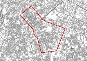 谷原・中央三地区のゾーン30指定区域を赤枠で示した地図