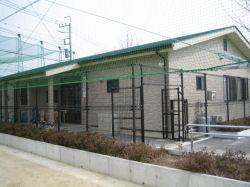 防護用のグリーンネットに囲まれた緑色の屋根が特徴的な武里南小学校内にある武里南放課後児童クラブの外観を撮影した写真