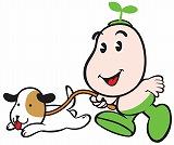 埼玉県国民健康保険団体連合会の国保マスコット健康まもるくんが犬と散歩しているイラスト