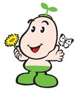 埼玉県国民健康保険団体連合会の国保マスコット健康まもるくんがたんぽぽを持っているイラスト