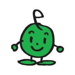 球体の顔と手足が緑色で頭にアルファベットの小文字のeが乗っているこどもエコクラブのキャラクターエコまるのイラスト
