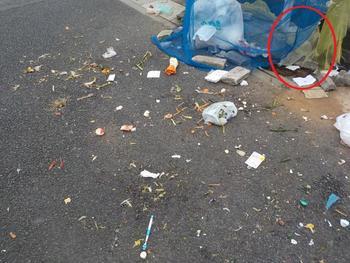 散乱したゴミの奥にある防鳥ネットの隙間部分に、赤い丸が描かれている写真