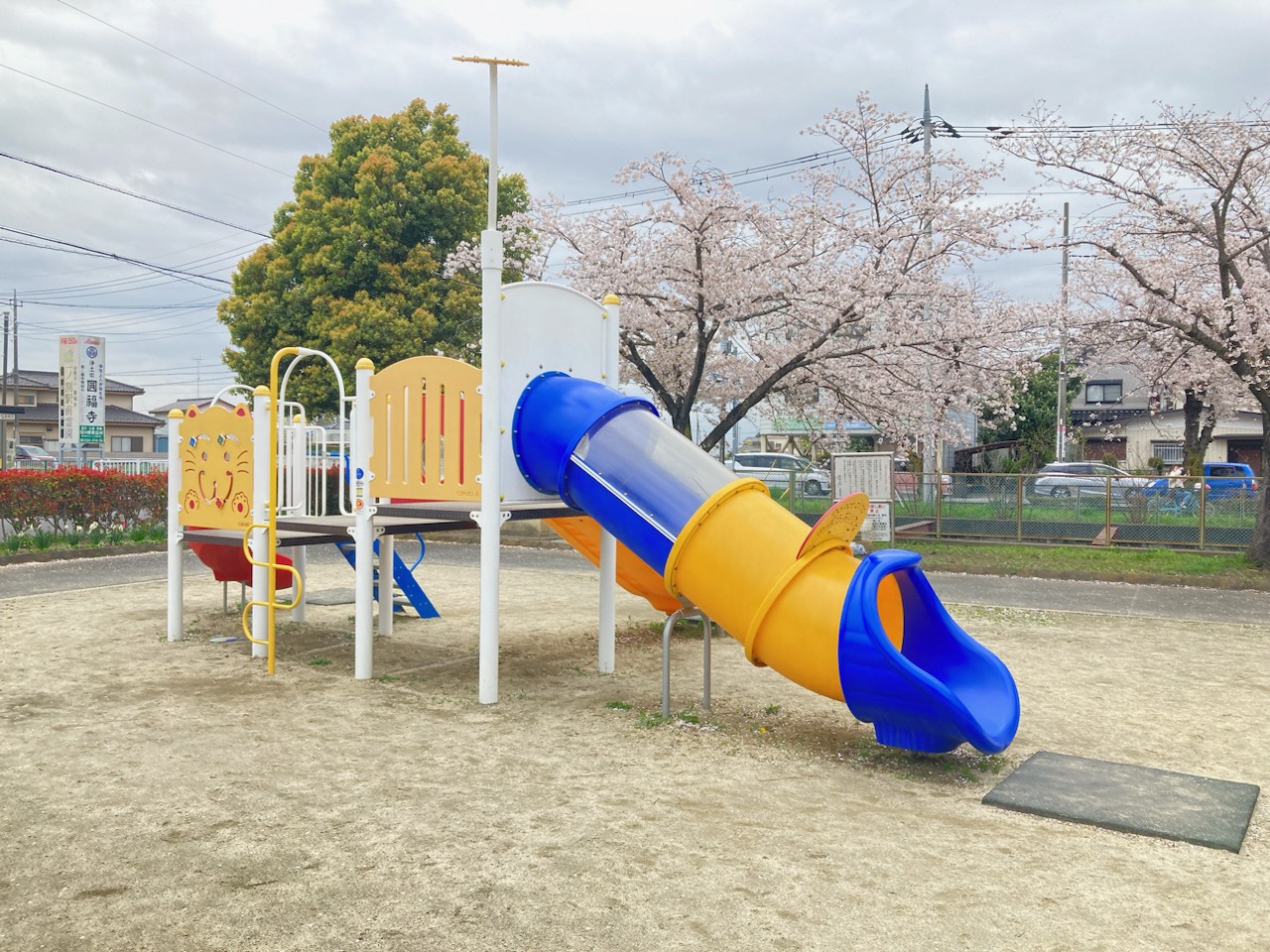 サクラを背景にする遊具の写真