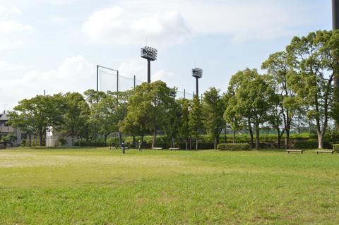 新緑の木々と芝生が生い茂る牛島公園の写真