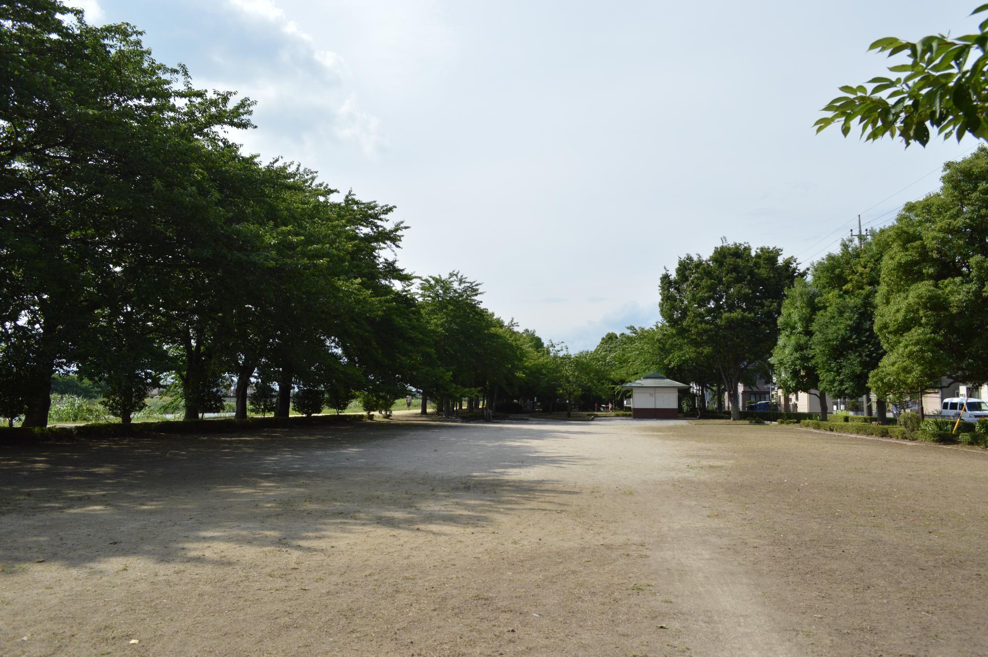 青々とした木々に囲まれた牛島古川公園の写真