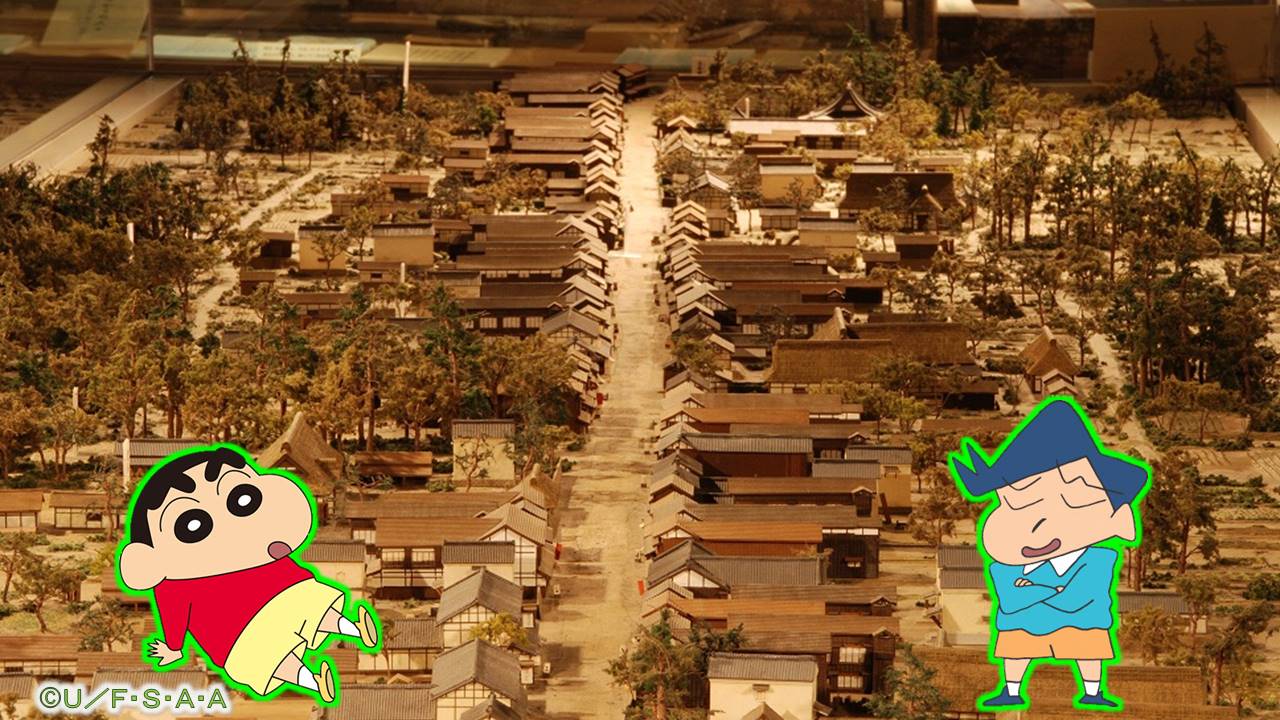 野原しんのすけと風間トオルが粕壁宿を紹介