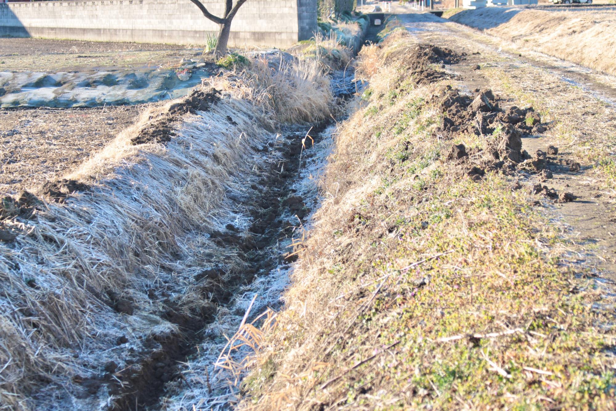 泥上げが終わった箇所に水の通り道ができた様子