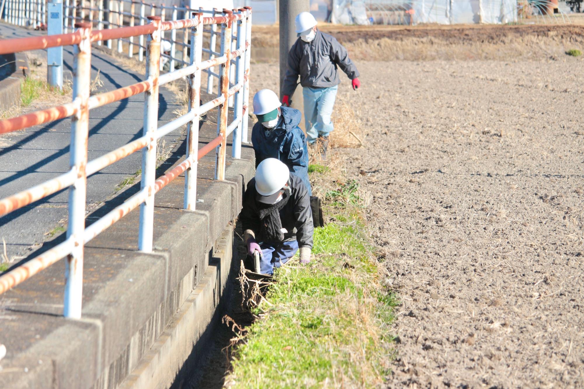 膝の深さの水路の泥上げ