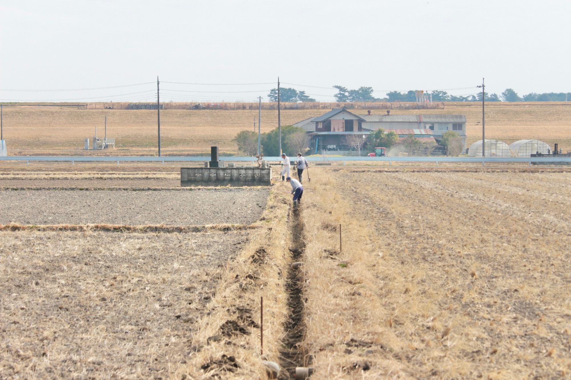 まっすぐに延びる水路を掘り進めていく