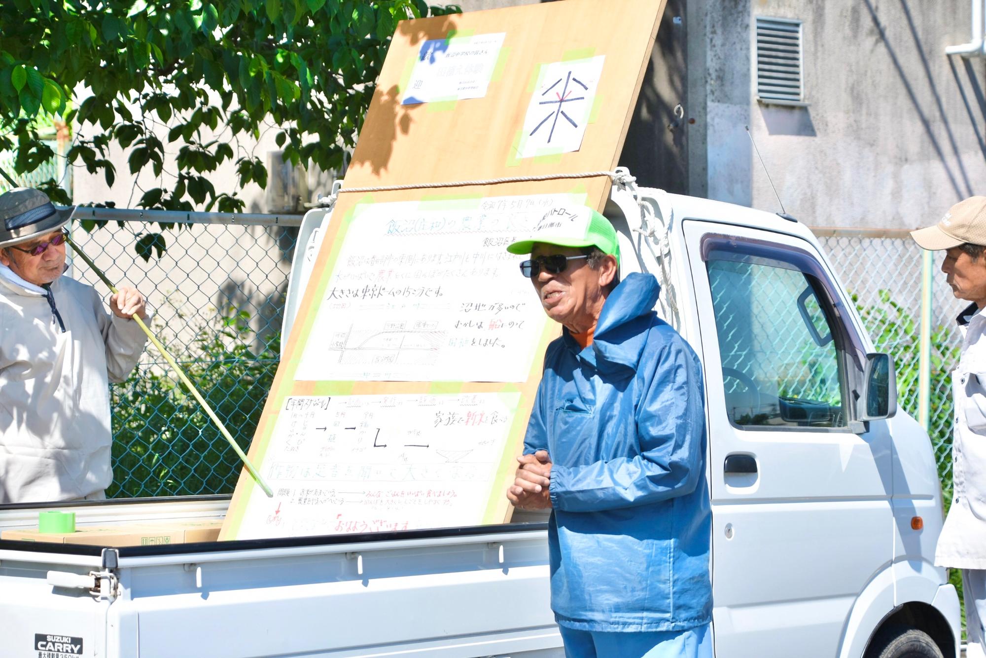 手作りの教材を使って中学生に話をする代表