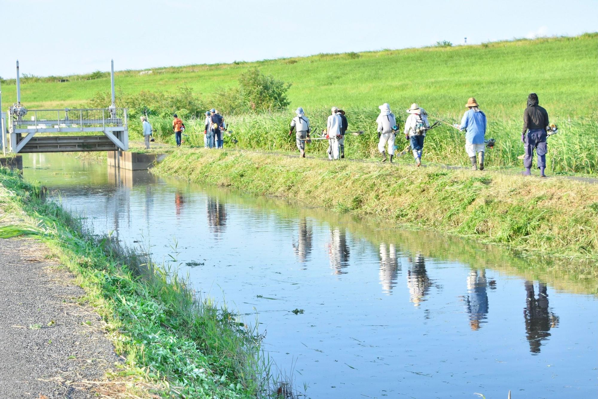 草刈りを終えて帰って行く構成員