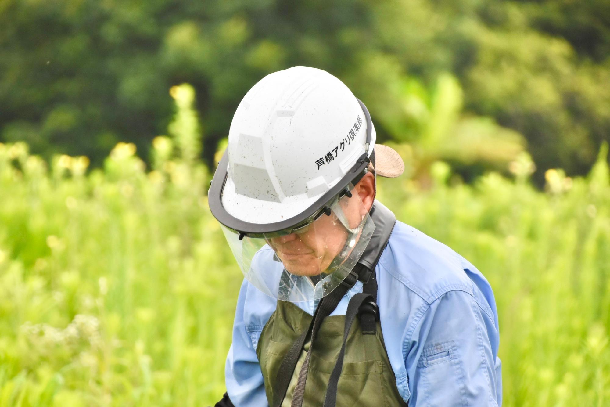 活動組織名が入ったヘルメットを被って草刈り