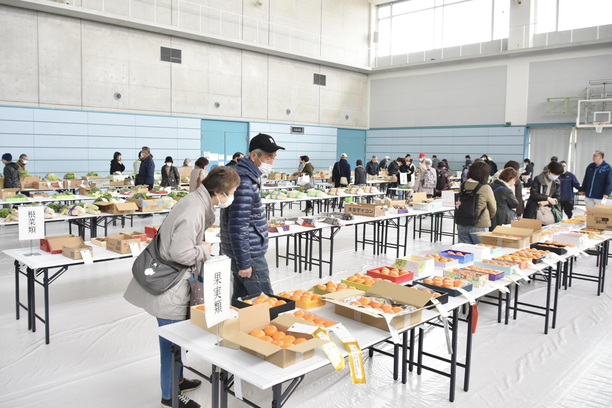 農産物品評会の出品物展示