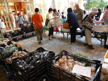 コの字型に並んだ農産物が入ったカゴの周りに、人が集まっている写真