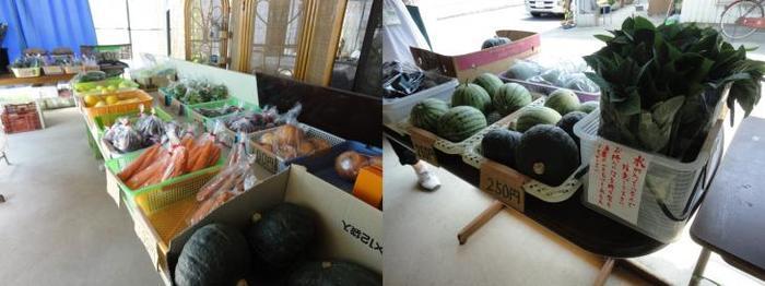 様々な野菜がカゴに入ってテーブルの上に並べられ販売されている写真が2枚並んでいる写真