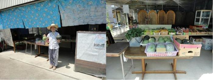 野菜を両手に持つ生産者と直売コーナーを撮影した写真が2枚並んでいる写真