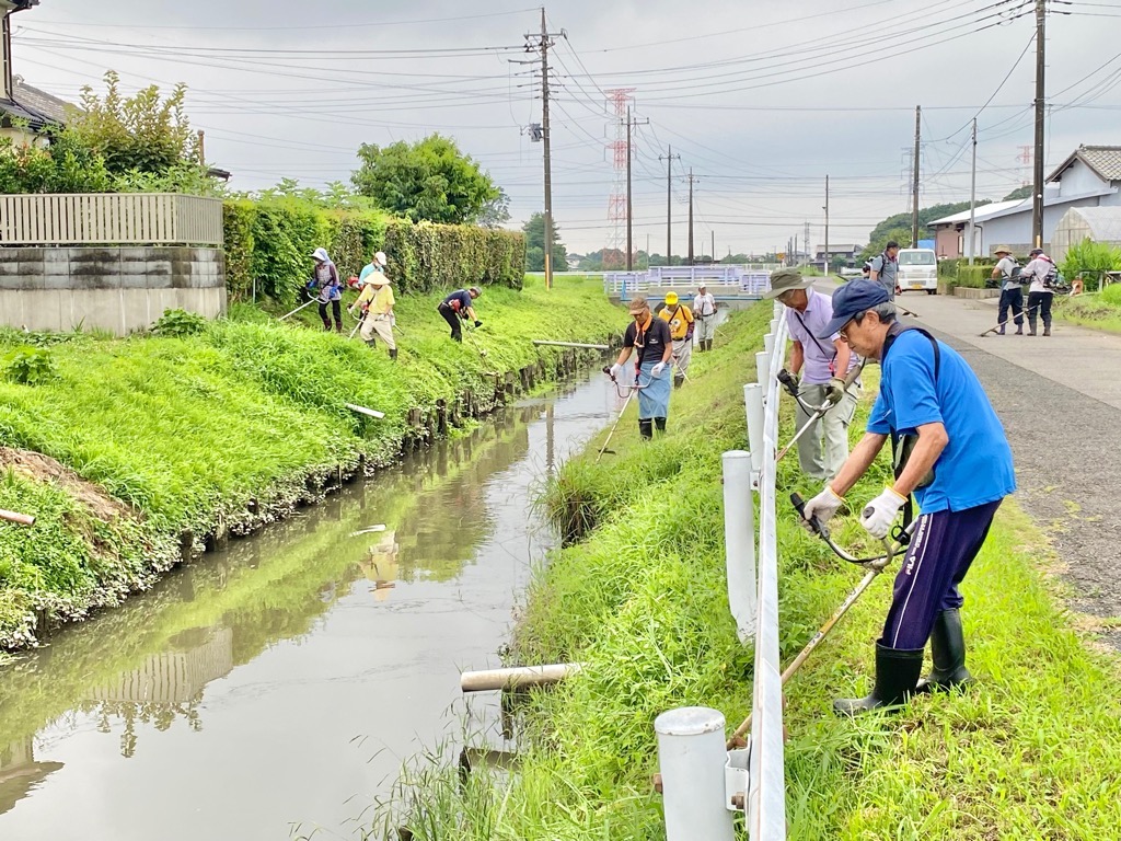 複数人で水路沿いの草刈りを進める様子