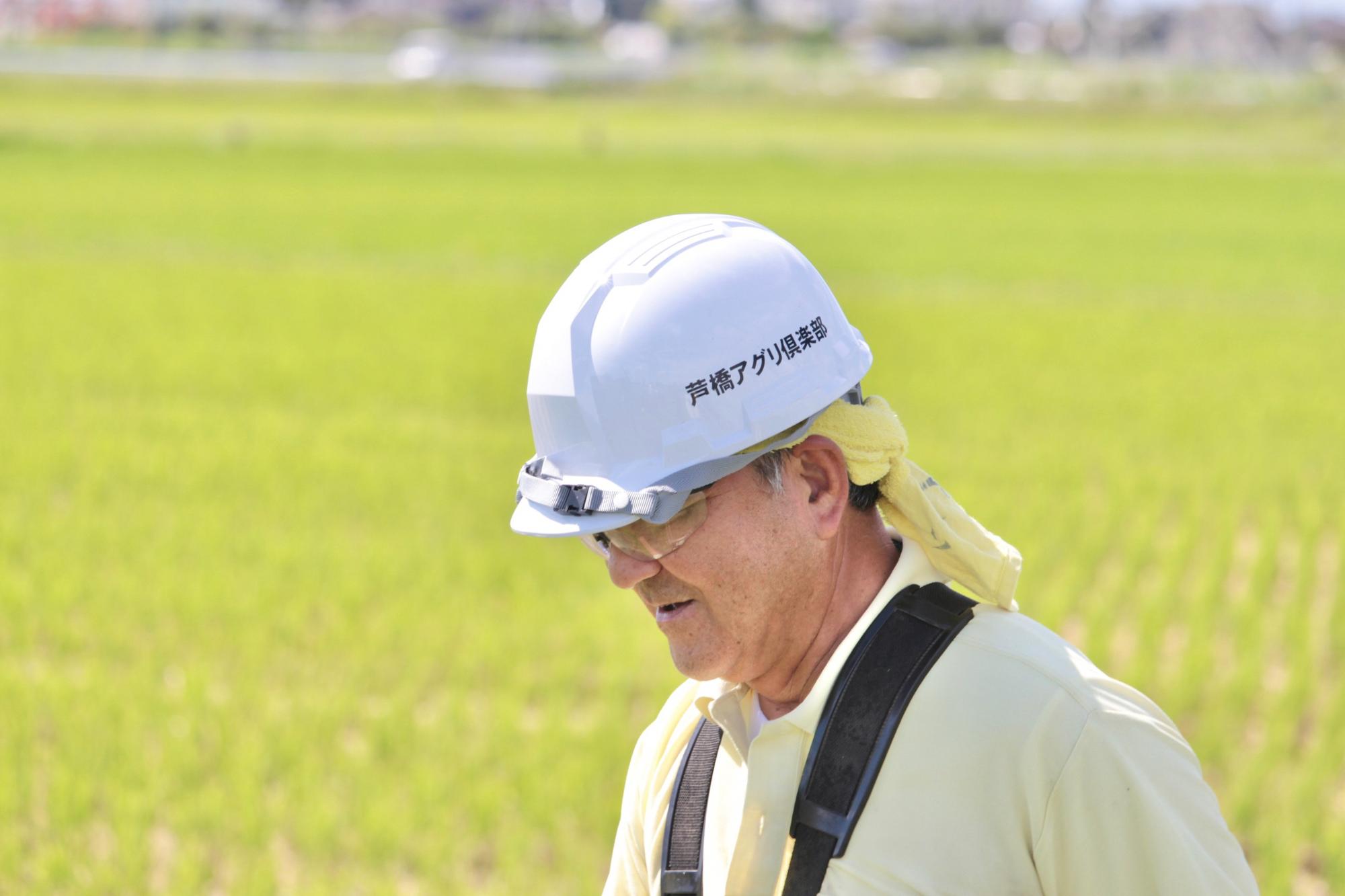 組織名入りヘルメットを装着し草刈りをする組合員