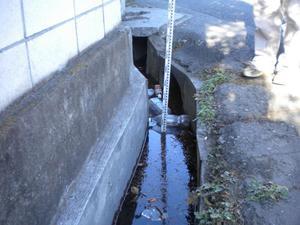 職員が塀と道路の間にある側溝にごみなどが溜まって水が流れにくくなっている状態を現地調査している様子の写真