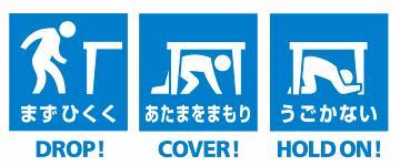 地震が起きた時の3つの対処法「DORP!：まずひくく」「COVER!：あたまをまもり」「HOLD ON!：うごかない」をあらわすピクトグラムのイラスト