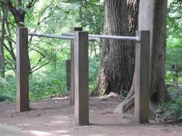 内牧公園敷地内の緑地に設置された、平行棒の写真