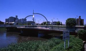 雲一つない晴天の下そびえ立つ春日部市の古利根公園橋を遠目のアングルから撮影した写真