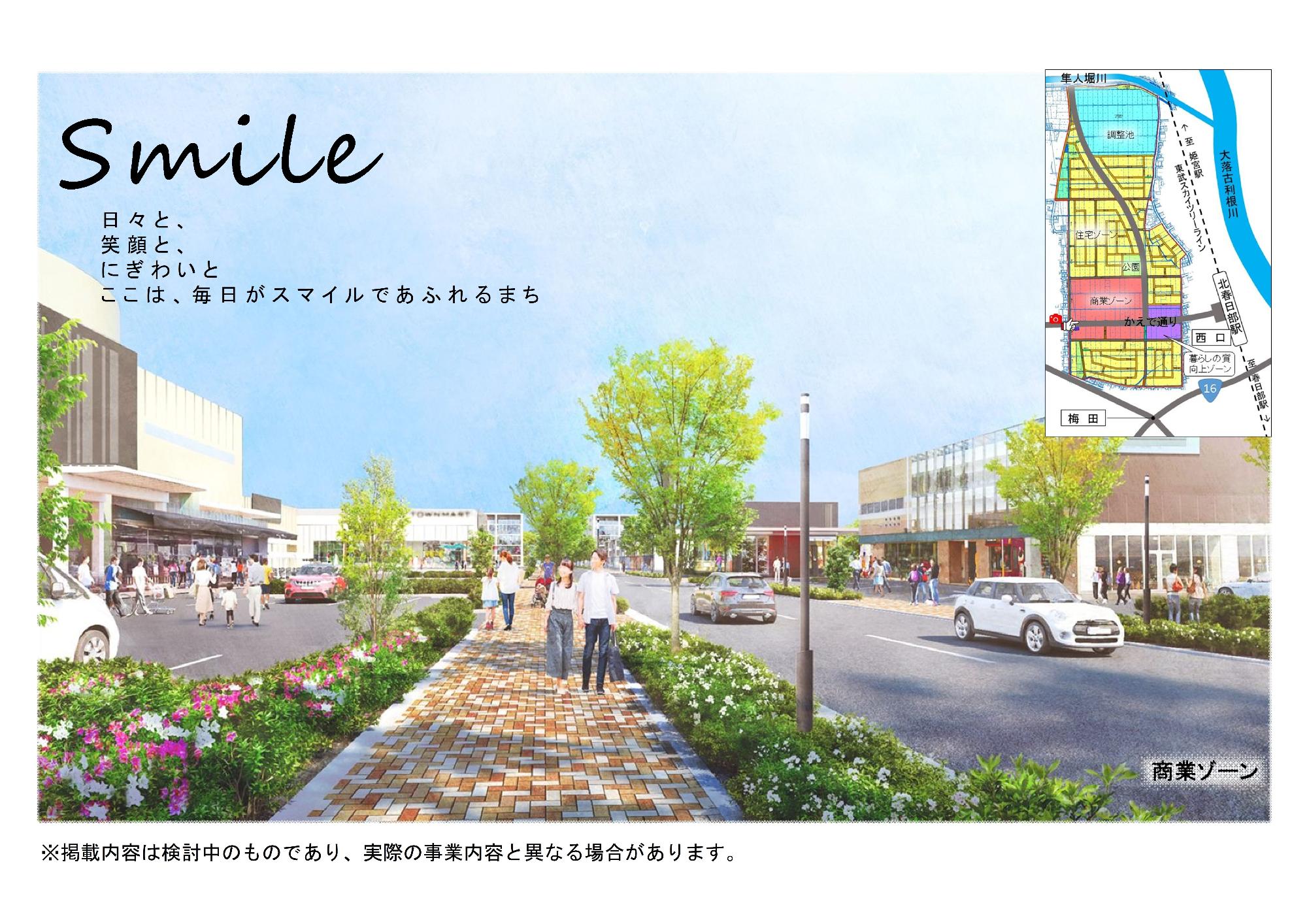 「日々と、笑顔と、にぎわいと ここは、毎日がスマイルであふれるまち」と書かれ人々でにぎわっている商業ゾーンを描いたイラストの右上隅に土地区画整理の図面が載っている商業ゾーンのイメージ図