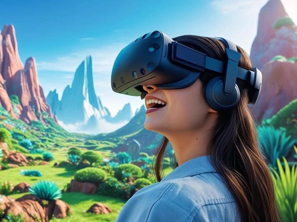 女性がゴーグルをかけていて草原のような空間にいる様子