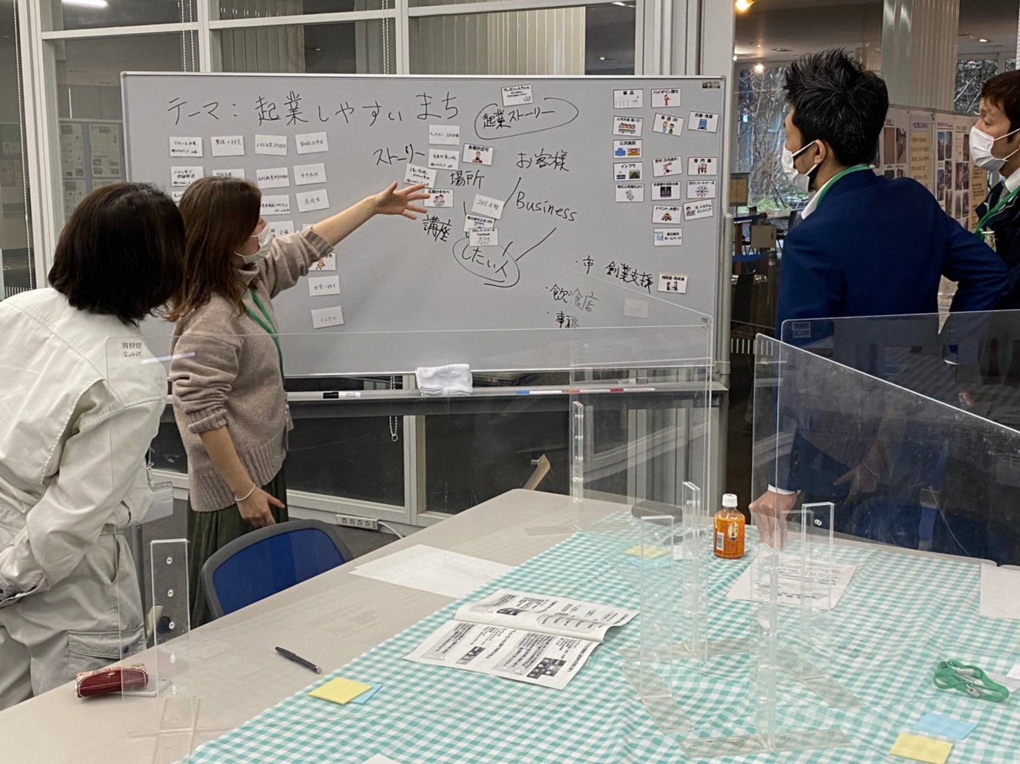 グループワークにおいて、ホワイトボードにかすかべSDGsパートナーズ会員の強みの相関図を作成し、それぞれがどのように関係しているのか議論をしている様子