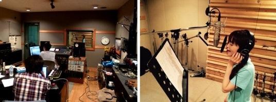 様々な機械が並んでいるレコーディングスタジオの写真と、ヘッドホンに手をあてて歌っているあえかさんのレコーディングの様子の写真