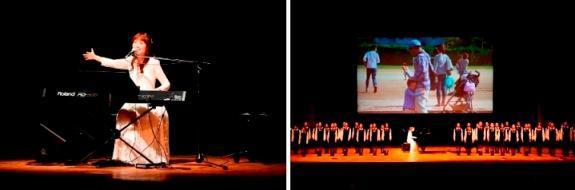 電子ピアノを演奏しながら舞台で歌を披露するあえかさんの写真と、写真のスライドの前で合唱している合唱部の中学生たちの写真