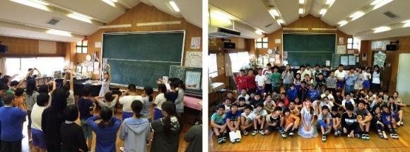 教室内でストレッチをして体をほぐす合唱指導のあえかさんと生徒たちの写真と教室内で集まって撮った記念写真の二枚が並んでいる写真