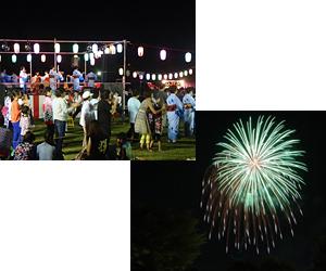 夏祭りで盆踊りをしている人たちの写真と、夜空に緑色の花火が打ちあがっている写真