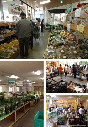 たくさんの農産物がある直売所の中と客の様子を写した写真が、4枚組み合わさっている写真