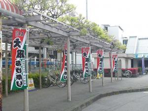 駐輪場がある通りに、藤棚の柱に大凧あげ祭りののぼりがくくりつけられている写真