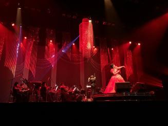 赤いライトで照らされたステージで歌うあえかさんの写真