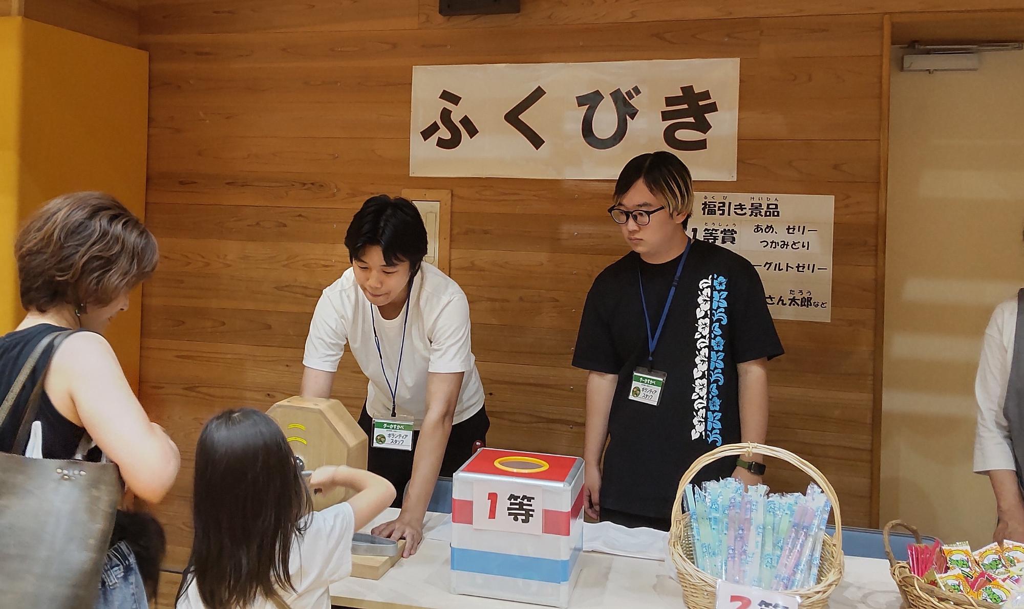 参加したこどもがふくびきを回すのをサポートしている様子