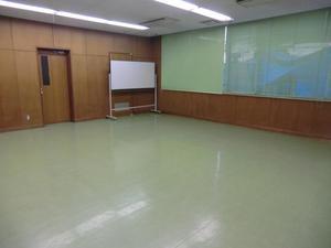 緑色のフロアと木製の壁が特徴的な幸松地区公民館プレイルームの写真